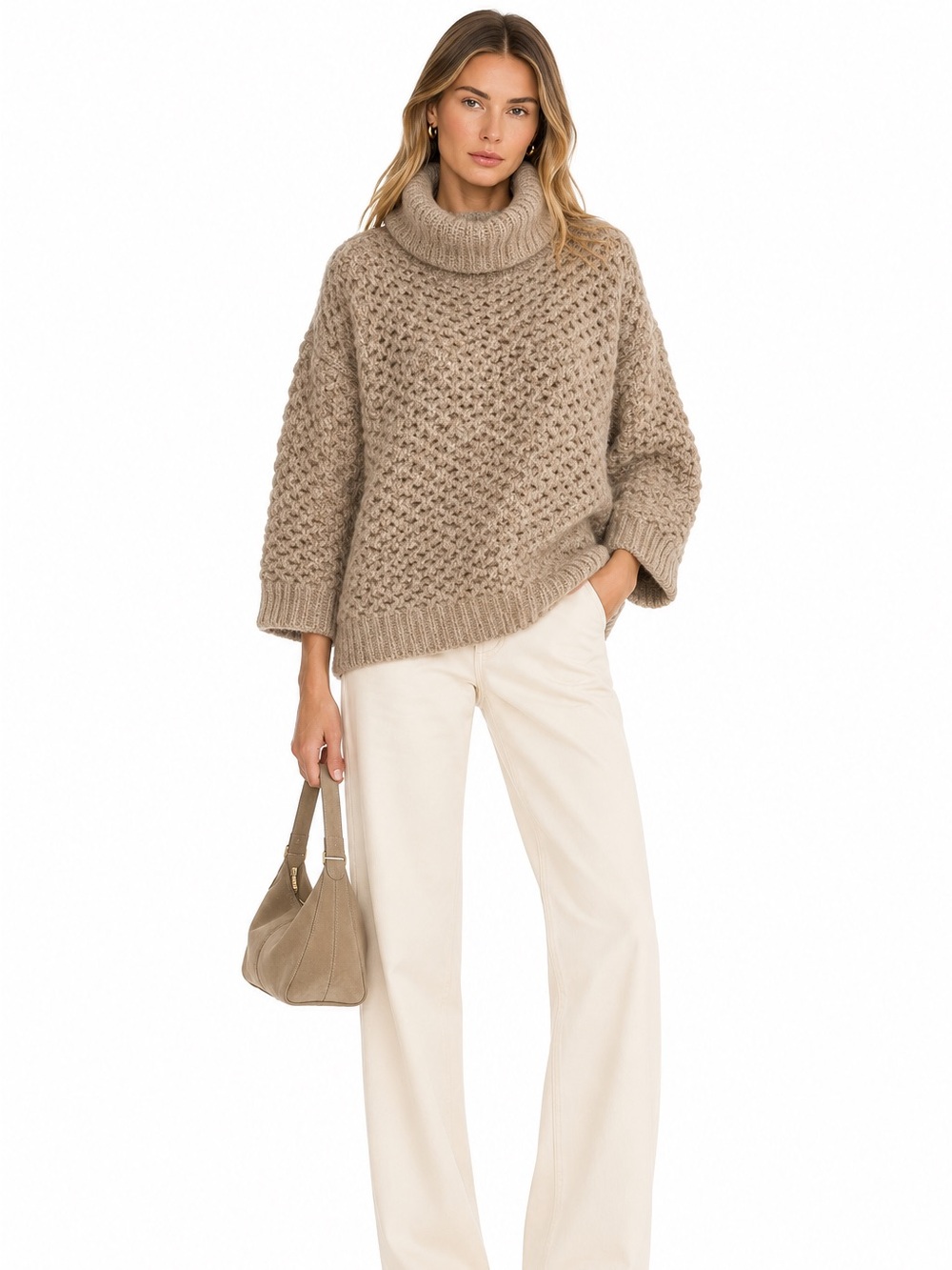 Malo Italian Chunky Knit Turtleneck Sweater Beige Taupe Oversized Wool Blend M
